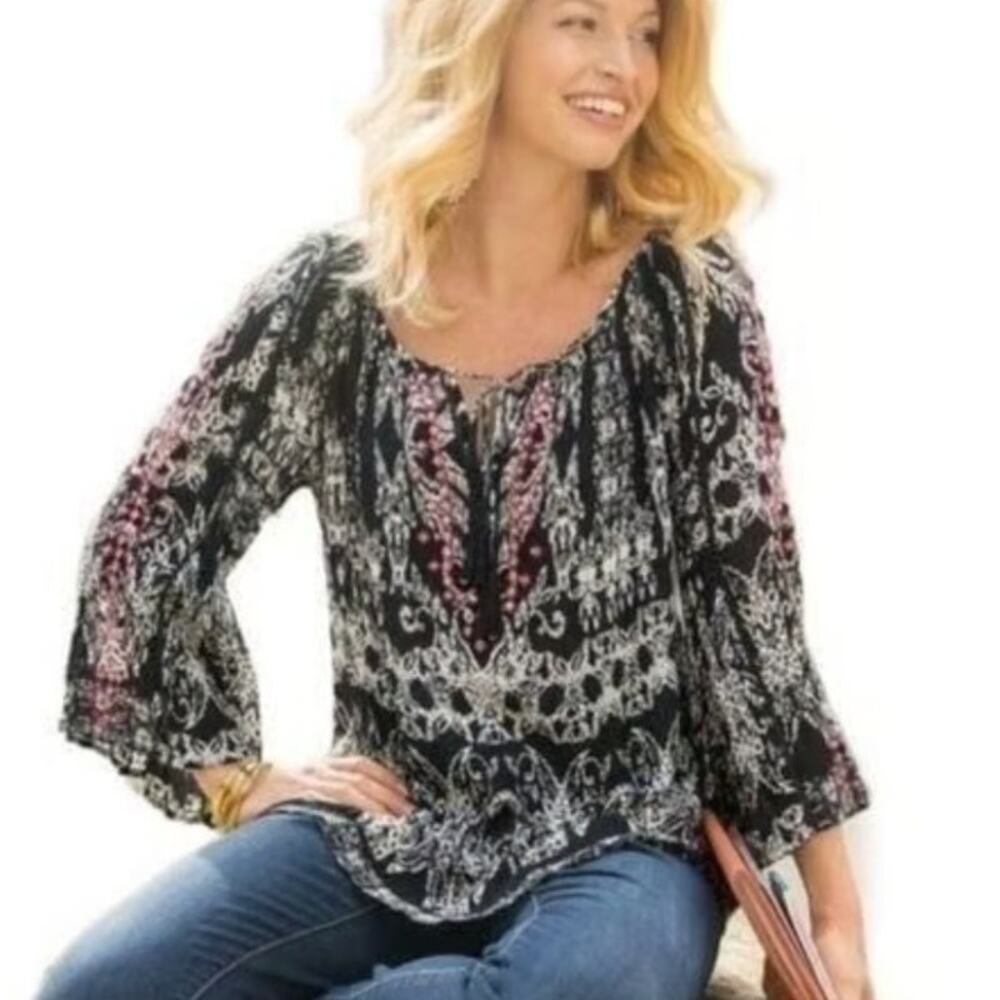 Soft Surroundings Grace Embroidered Tunic Womens Small Black Boho Tassel Top